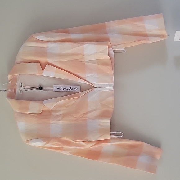 NWT For Love & Lemons Eugenie Linen-Blend Crop Blazer Orange Sherbert Plaid - Picture 8 of 8